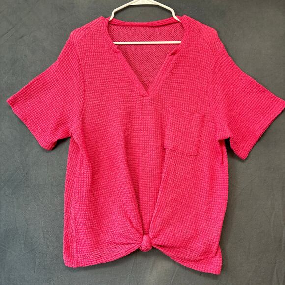 SHEIN Tops - Shein Curve Textured Blouse 1X Tie Front Barbie Short Sleeve Work Casual Teacher